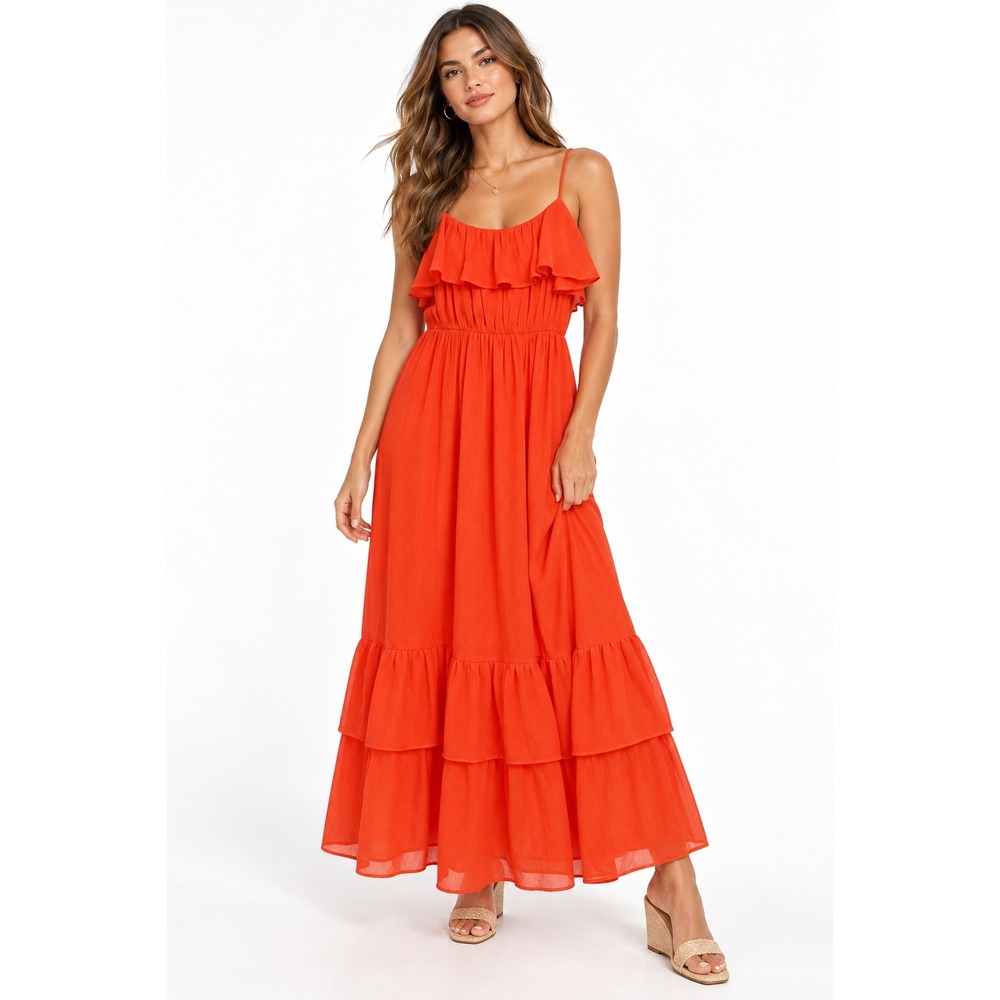 HM Salmon Dress Orange Red Ruffle Tiered Maxi Spaghetti Strap Small NEW